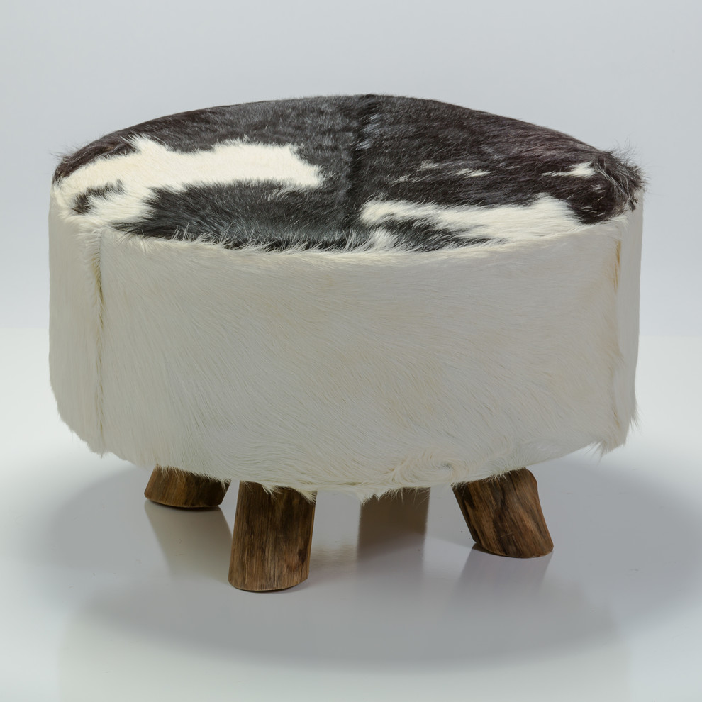 Bare Decor Cassidy Round Leather  Genuine Hide Ottoman in Black and White   Southwestern   Footstools And Ottomans   by CozyStreet  Houzz