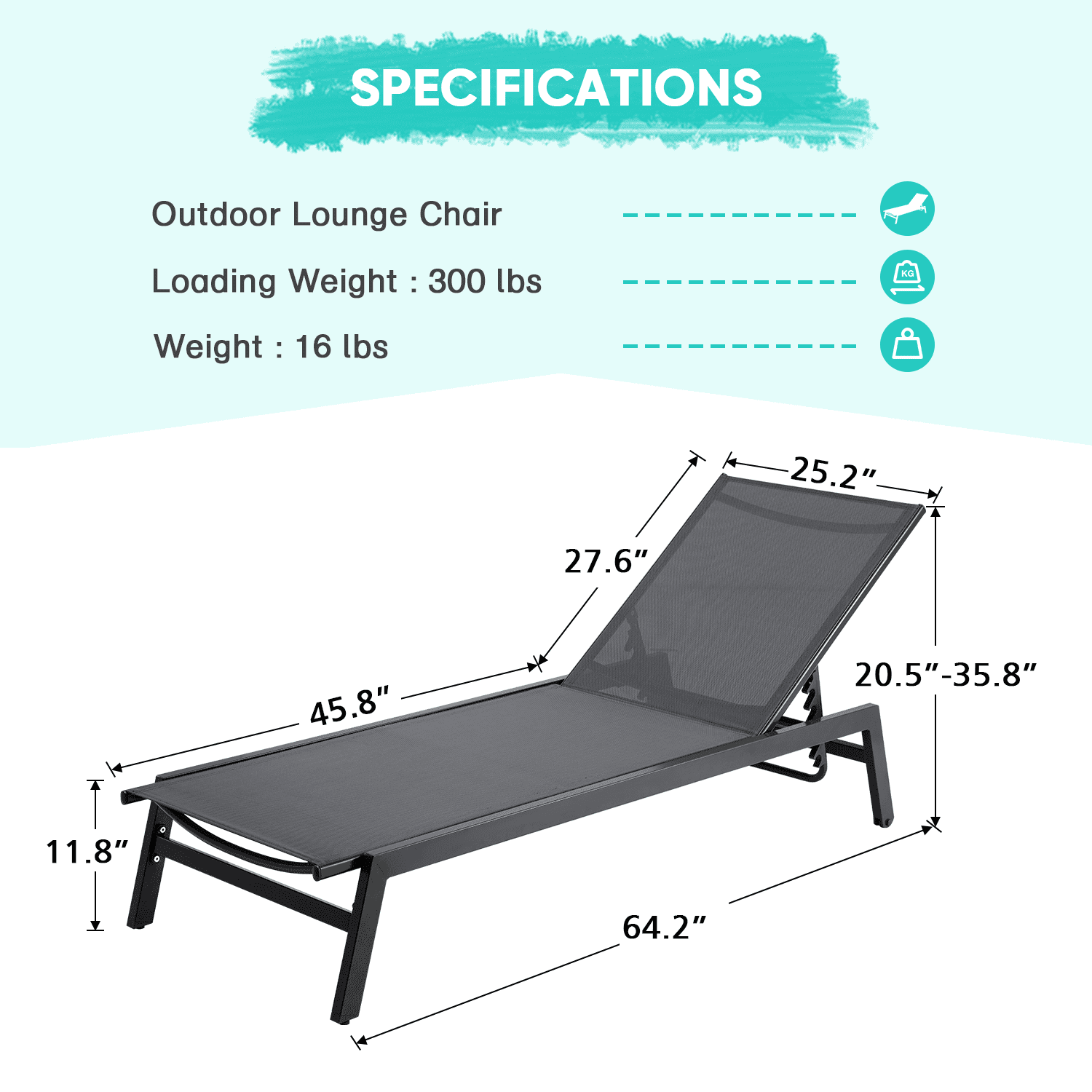 Mellcom Outdoor Chaise Lounge Chair with Wheels and Mesh Seat,Aluminum Reclining Chair