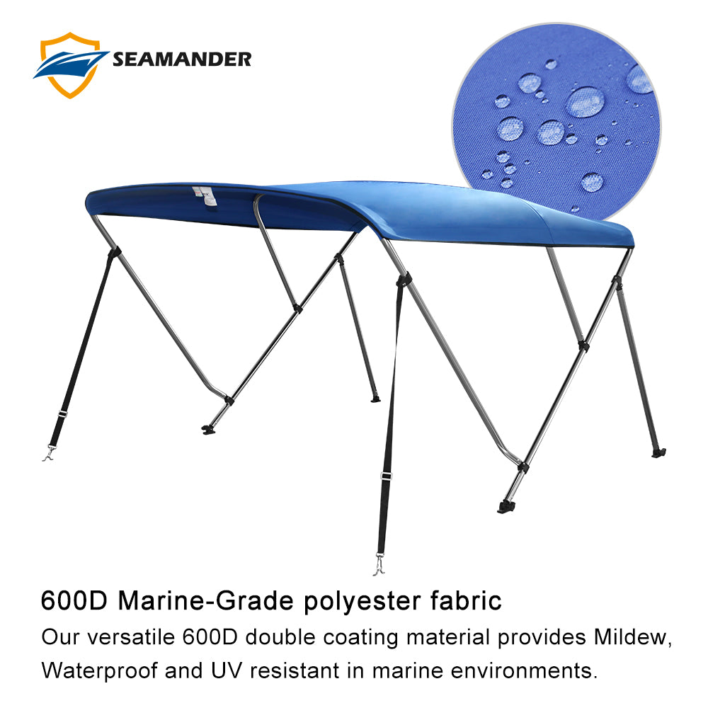 Seamander 3 Bow Bimini Top Boat Cover with Rear Support Pole and Storage Boot， Pacific Blue