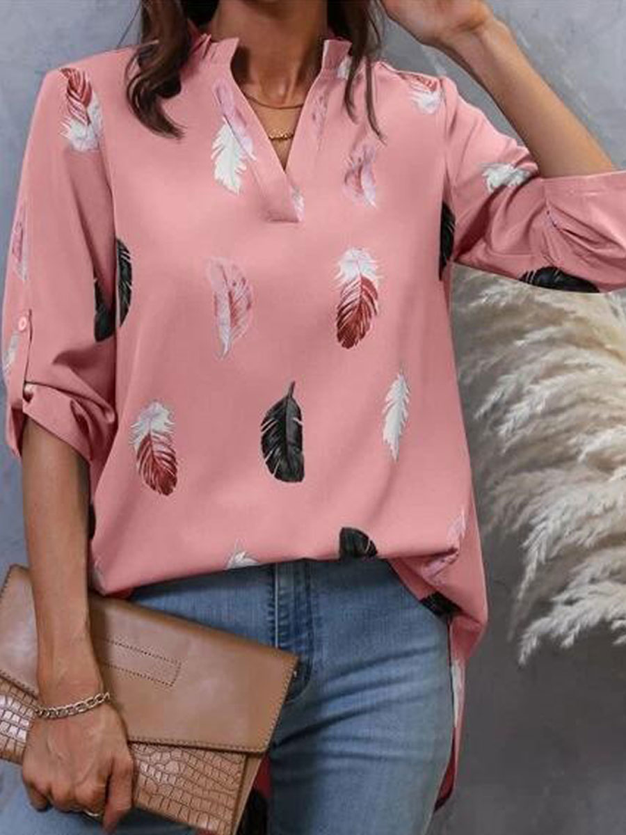 V-neck Casual Loose Feather Print Long-sleeved Blouse