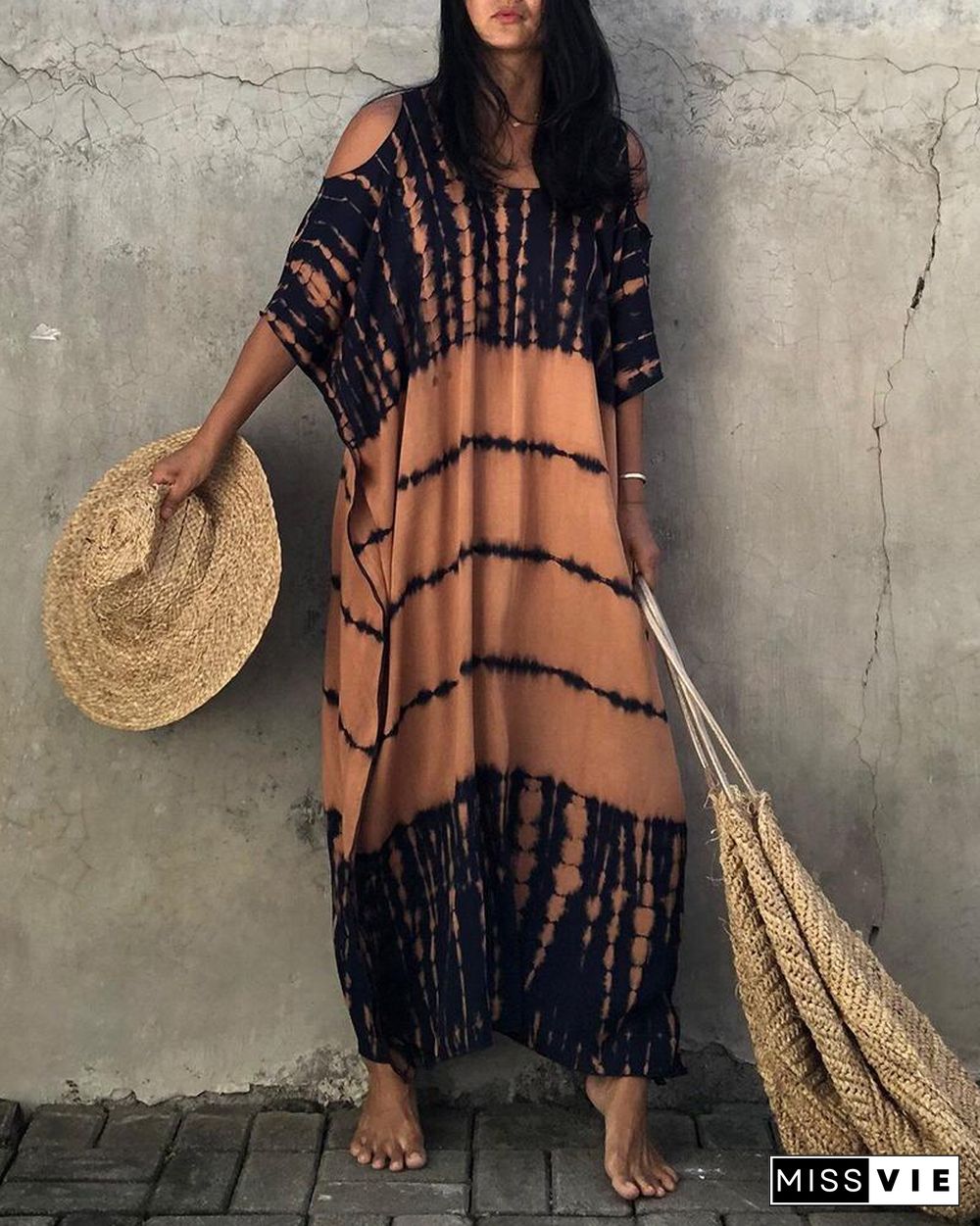 Tie-Dye Print Cold-Shoulder Casual Maxi Dress P15983