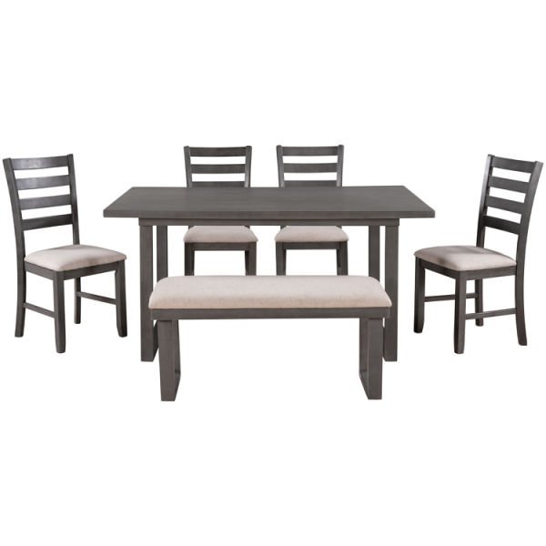 6-Pieces Family Furniture， Solid Wood Dining Room Set with Rectangular Table and 4 Chairs with Bench