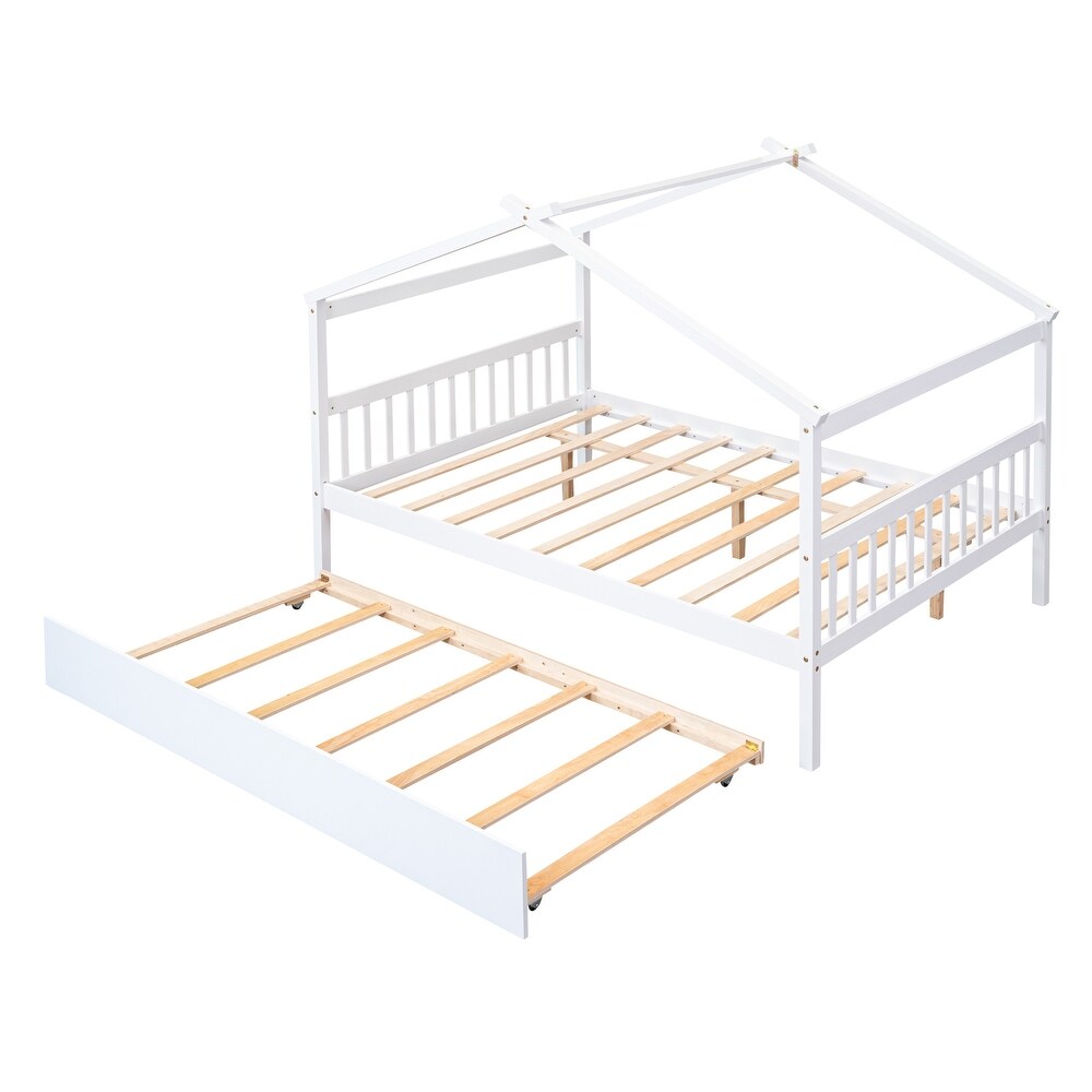 Full House Bed with Trundle  Kids Playhouse Platform Bed Frame with Storage Shelves  Montessori Be for Kids Girls Boys  White