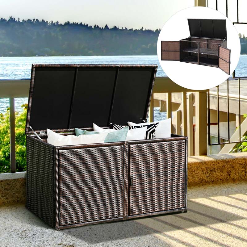 88 Gallon Patio Wicker Storage Box Rattan Deck Bench with Openable Door