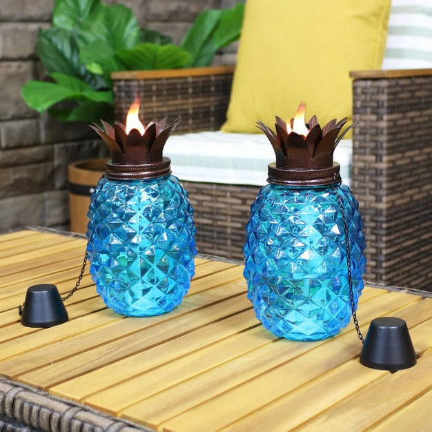 Sunnydaze Outdoor Adjustable Height 3 in 1 Glass Tropical Pineapple Torches With Connected Snuffs And Metal Poles 2pk