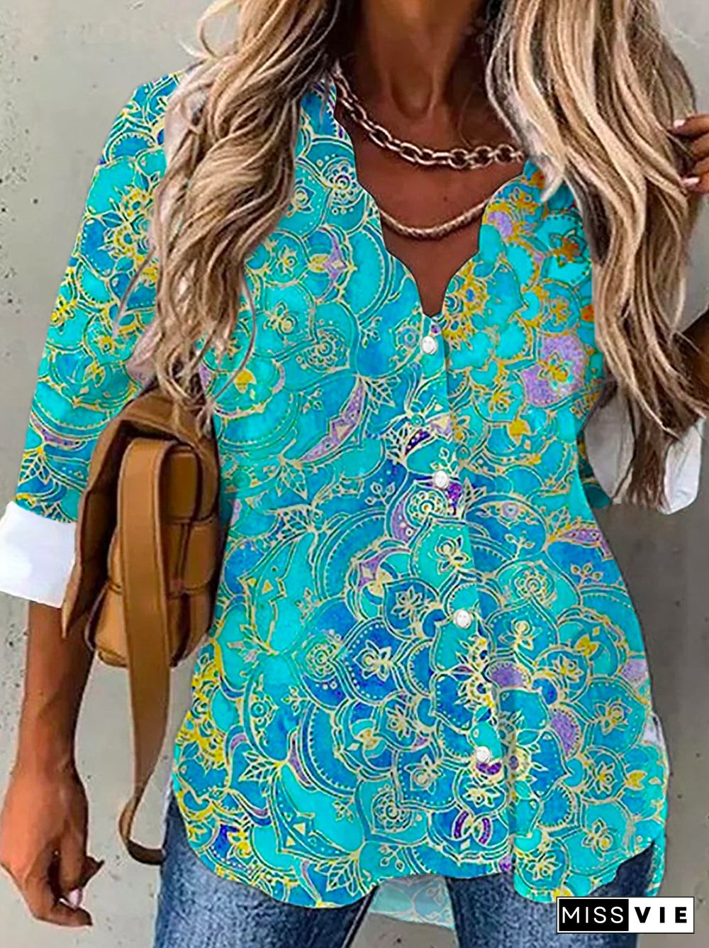 Plus size Printed Casual Long Sleeve Blouse