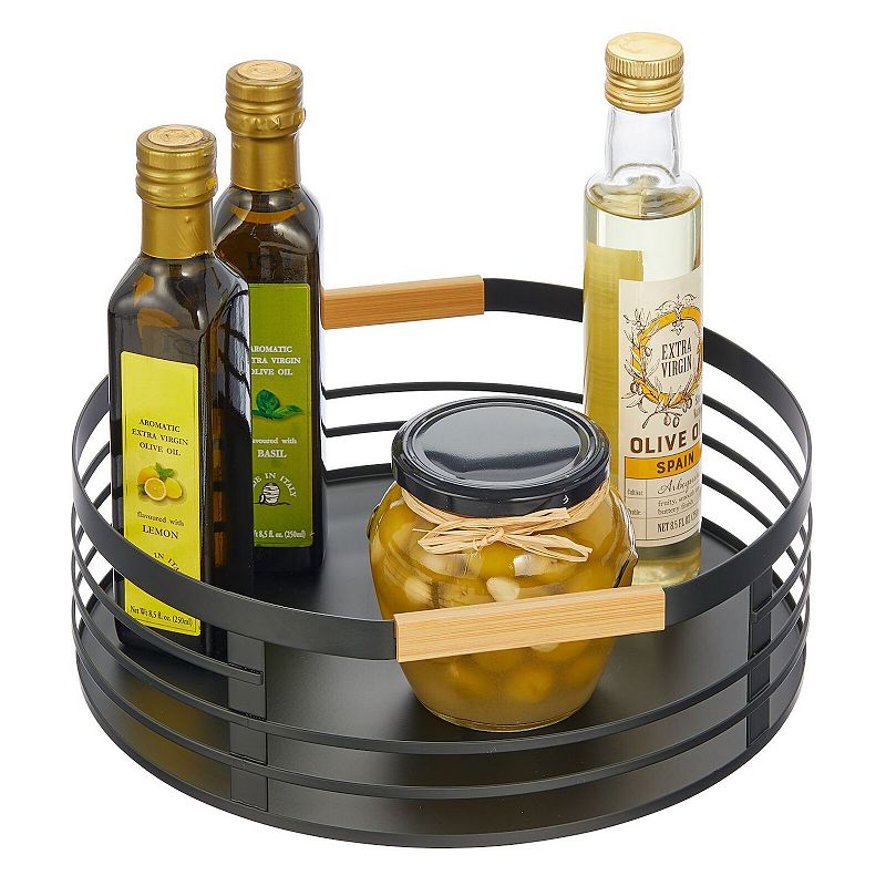 mDesign 11.5 Modern Metal Lazy Susan Turntable Basket Tray with Wood Handle