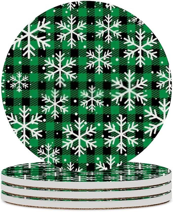 4pcs Round Christmas Snowflakes At Green Black Buffalo Plaid Ceramic Coasters With Cork-backed For Coffee Drink Cup Mat Absorbent Stone Coasters