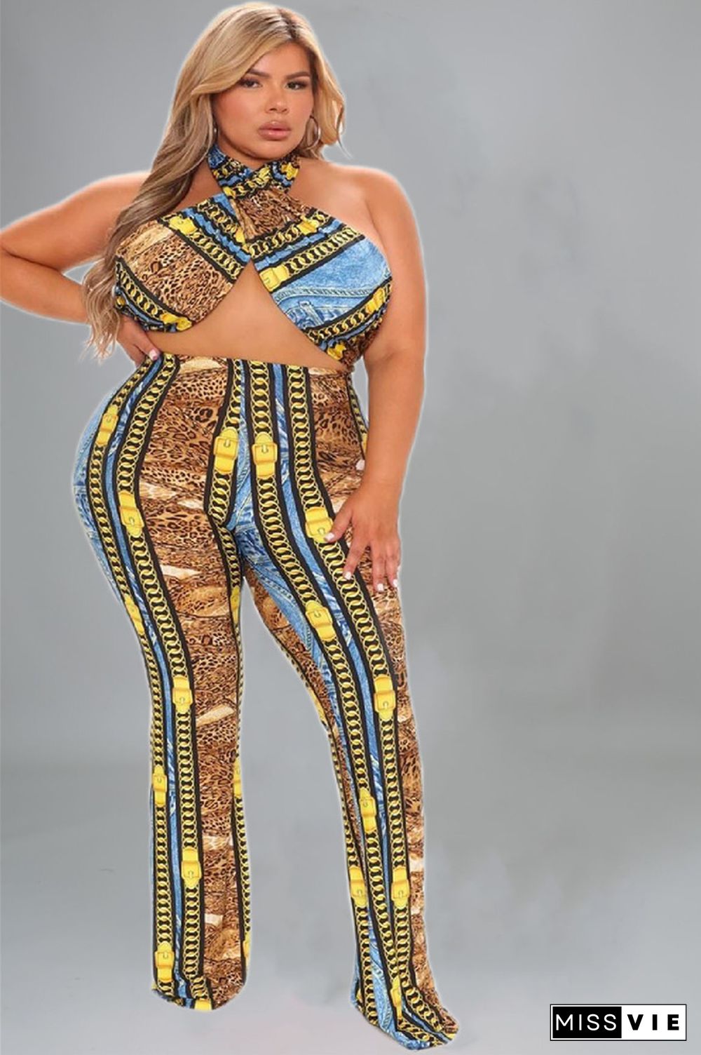 Printed Cross Wrap Halter Crop Top Wide Leg Pants Set