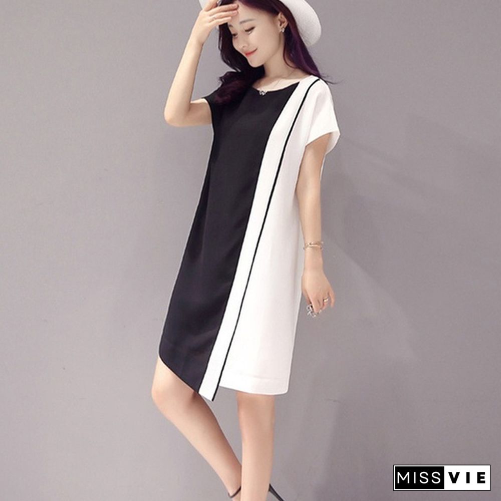 Summer Women Fashion Chiffon Casual Mini Dress Black White Short Sleeve O-Neck Beach Tshirt Dresses