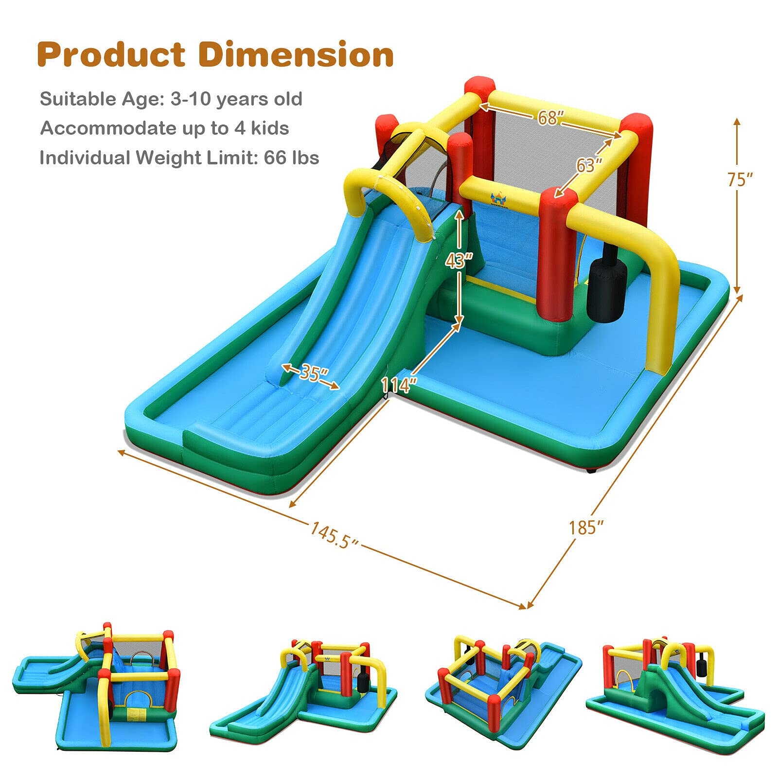 BOUNTECH 6-in-1 Kids Water Bounce House Jumping Castle for Wet Dry Combo with Long Slide