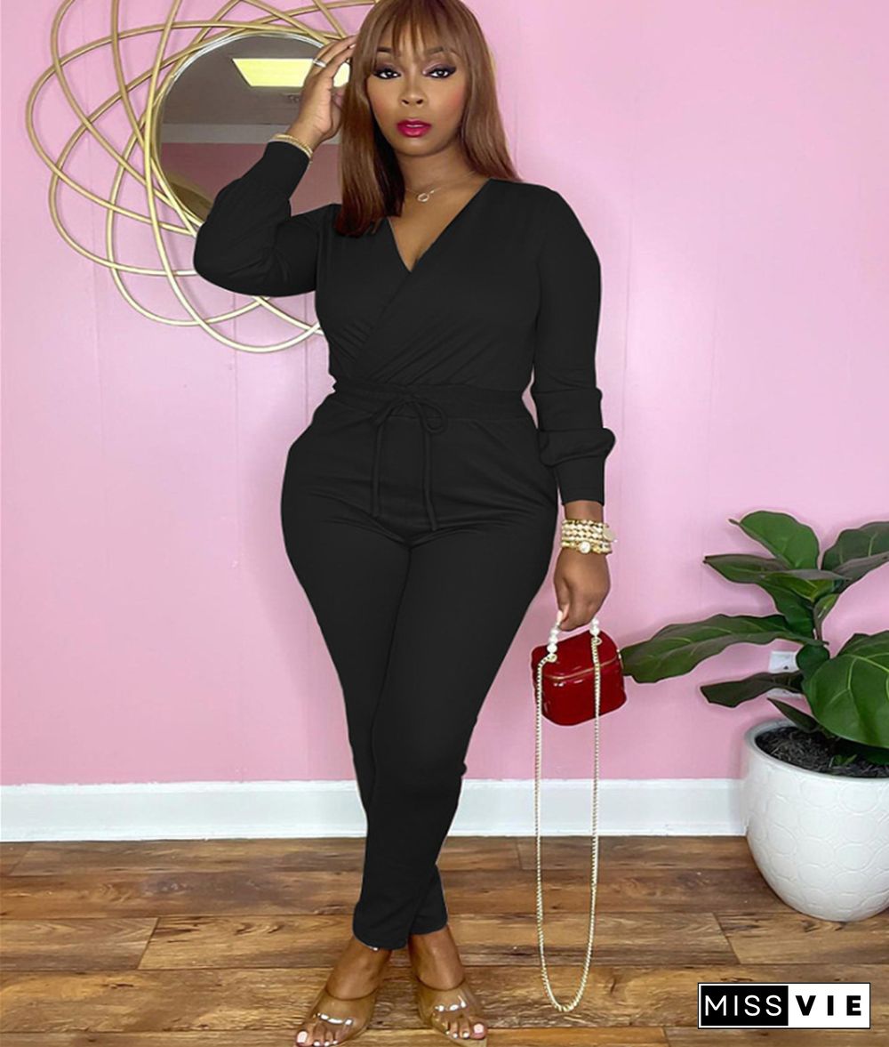 Black Long Sleeve V Neck Lace Up Jumpsuit