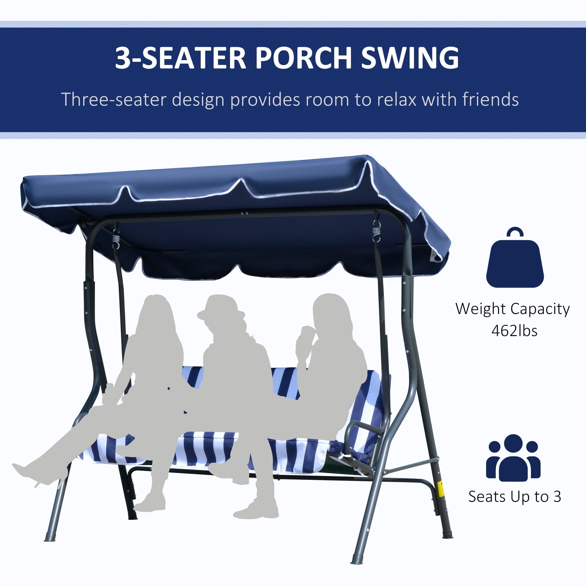 Outsunny 3 -Person Porch Swing with Canopy, Patio Swing Chair, Outdoor Canopy Swing Bench Adjustable