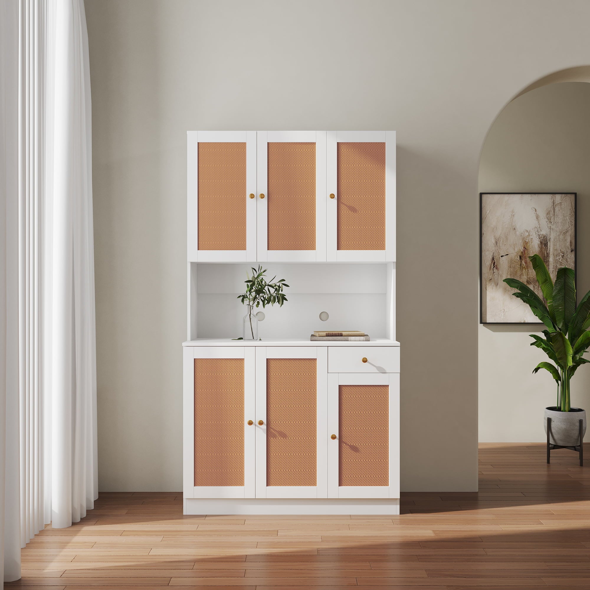 paproos 70.87 Pantry Cabinets with Hutch， Tall Kitchen Pantry Storage Cabinet， Sideboard Buffet Cabinet with 6 Doors， Large Countertop， Storage Shelf， Kitchen Dining Room Bathroom Sideboard， White