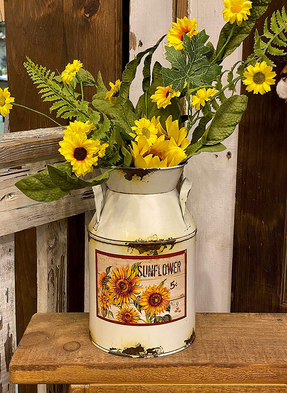 Decorative Milk Can Sunflower Designed Rustic Metal Vase Kitchen Farmhouse Decor Shelf  Counter 8.25 x 5