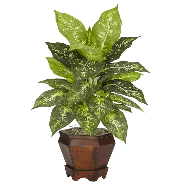 Nearly Natural 20.5-in Dieffenbachia W/wood Vase Silk Plant (set Of 2)