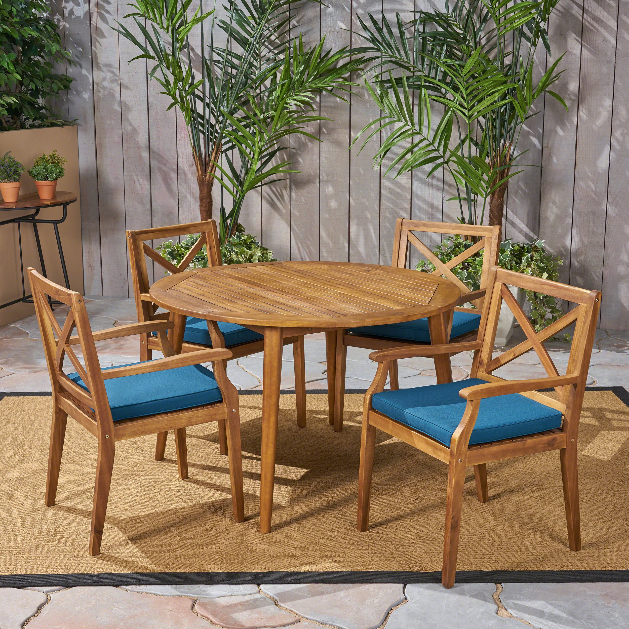 Jenson Outdoor 5 Piece Acacia Wood Dining Set with Cushions