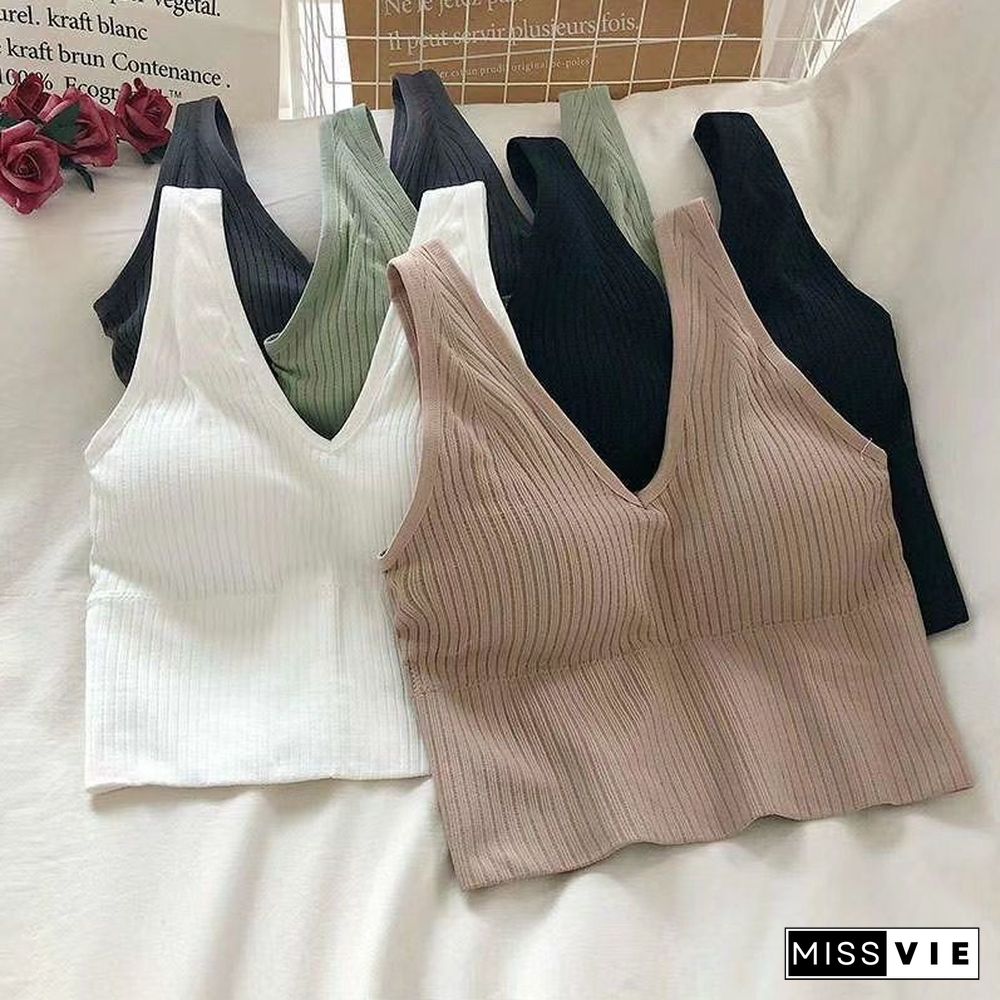 New Sexy Push Up Bra Woven Wrapped Top Underwear V Tie Bra Pad Wireless Sports Bra Striped Crop Top Sleeveless Camisole Ins