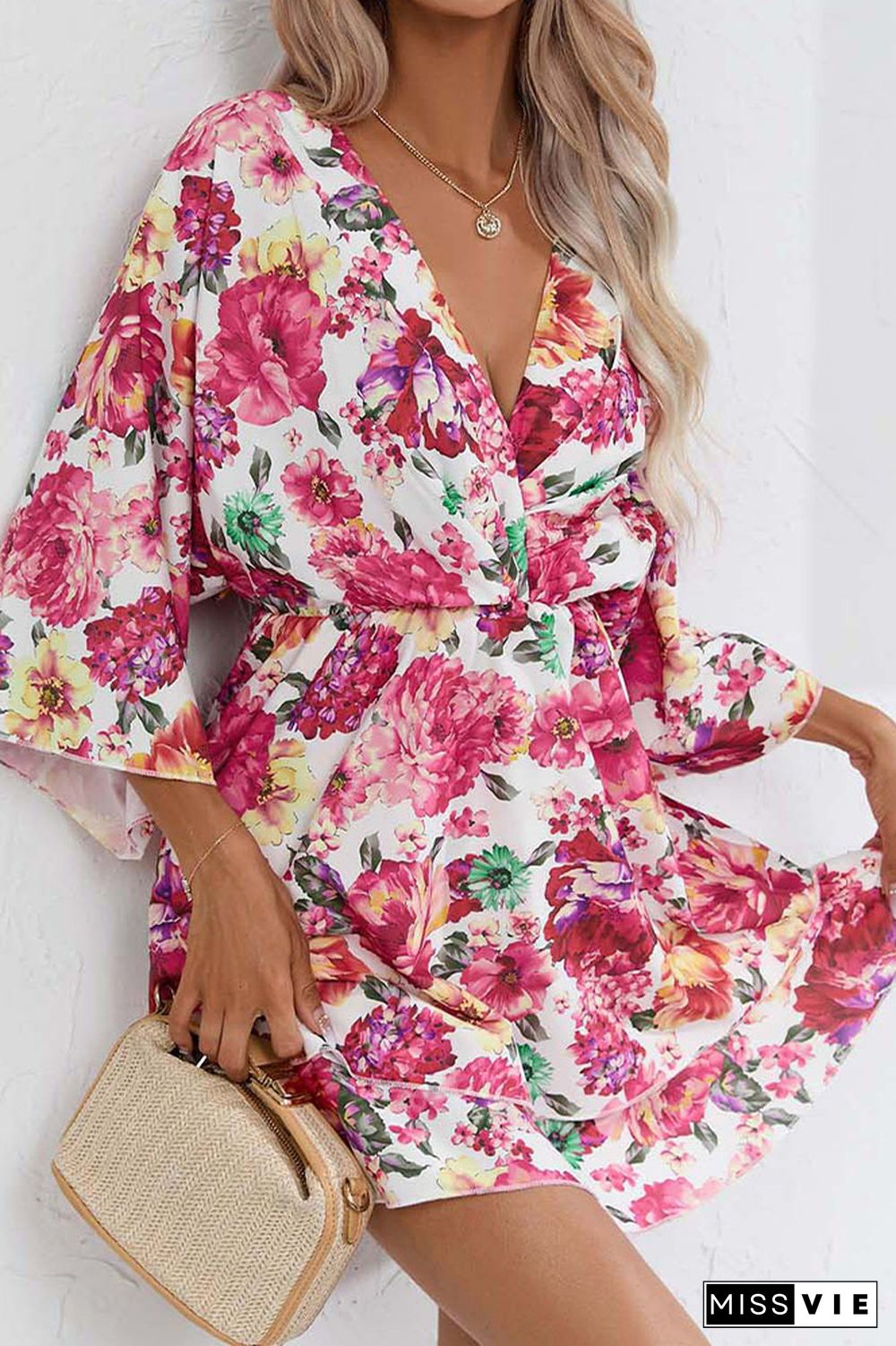 V Neck Drawstring Floral Dress