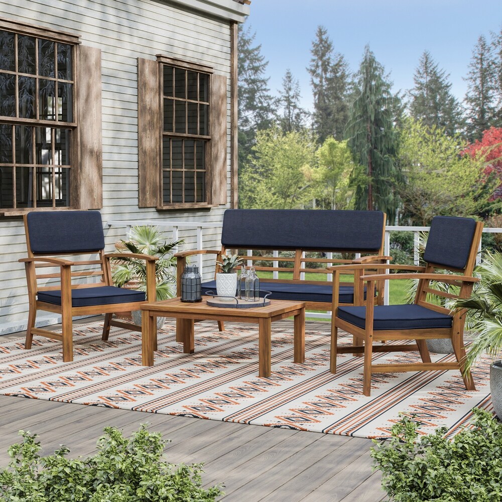 Hana 4 piece Acacia Patio Bench   Table Set with Cushions