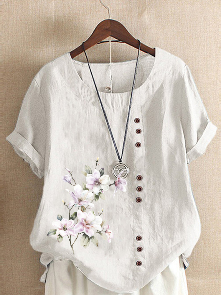 Round Neck Casual Loose Floral Print Short Sleeve Blouse