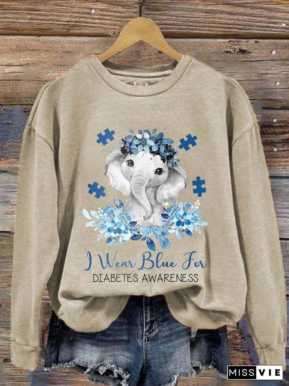 Women's I Wear Blue For Diabetes Awareness Elephant Flower Tree Print Sweatshirt