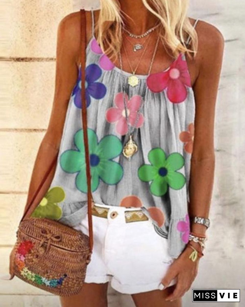 Print Floral Spaghetti Strap Sleeveless Casual Tank Tops