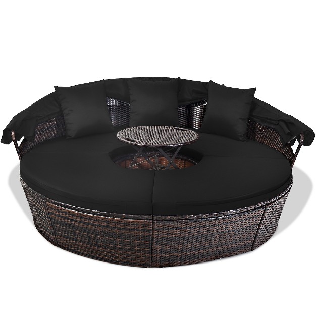 Costway Patio Rattan Daybed Cushioned Sofa Adjustable Table Top Canopy Black