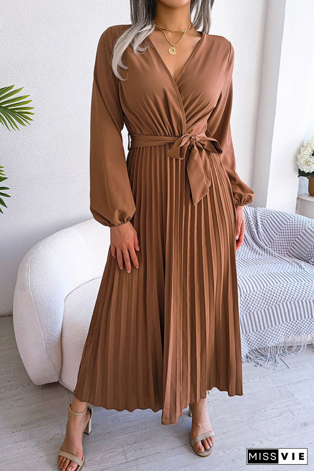 Plain Wrap V Neck Pleated Maxi Dress