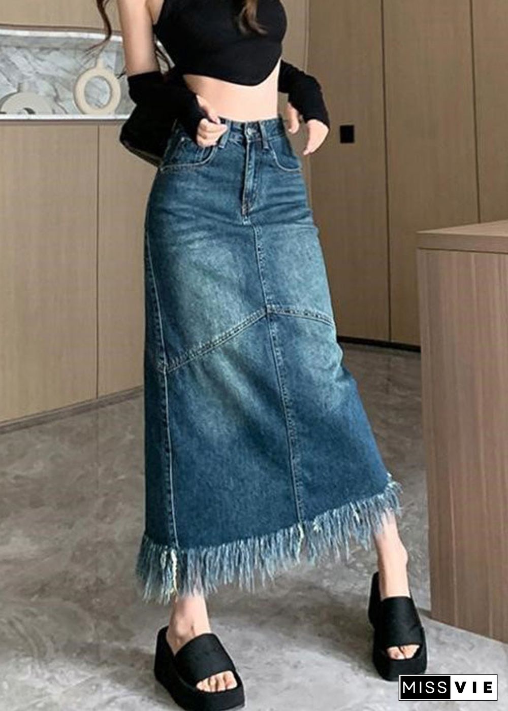 Women Navy High Waist Patchwork Tassel Denim Maxi Skirts Summer