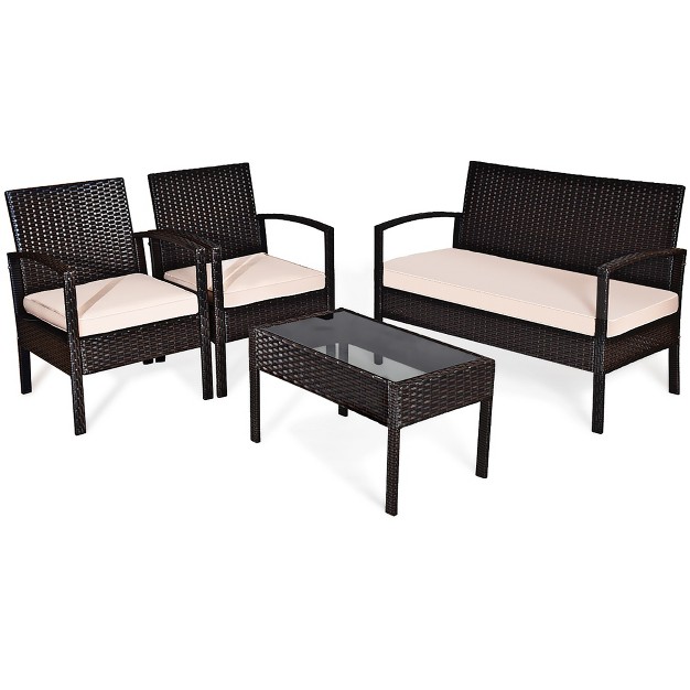 Costway 4pcs Patio Rattan Conversation Set Sectional Cushioned Seat