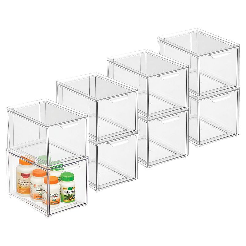 mDesign Clarity 8 x 6 x 6 Plastic Stackable Bathroom Storage Organizer with Drawer， 8 Pack