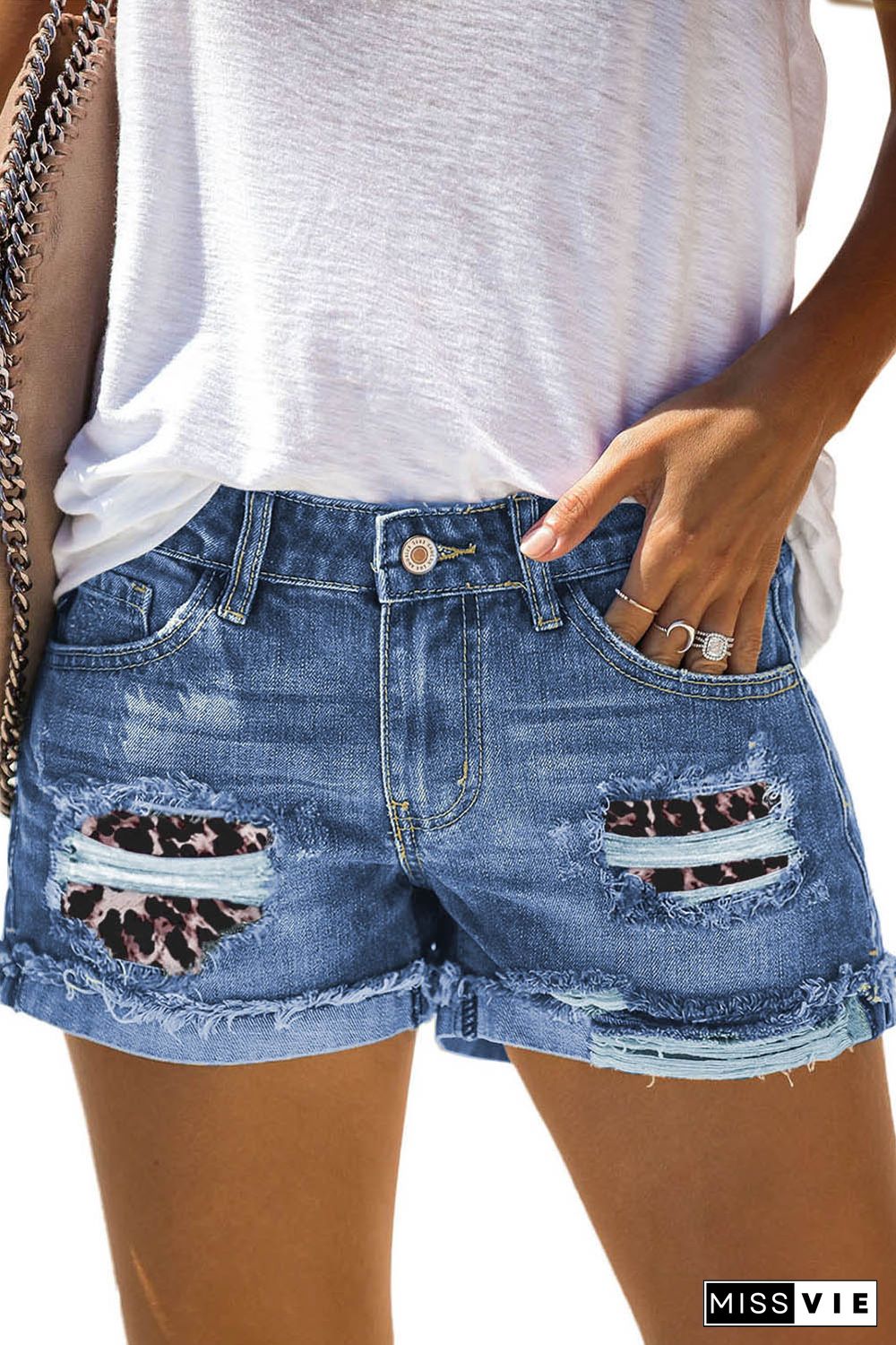 Leopard Patchwork Rolled Hem Denim Shorts