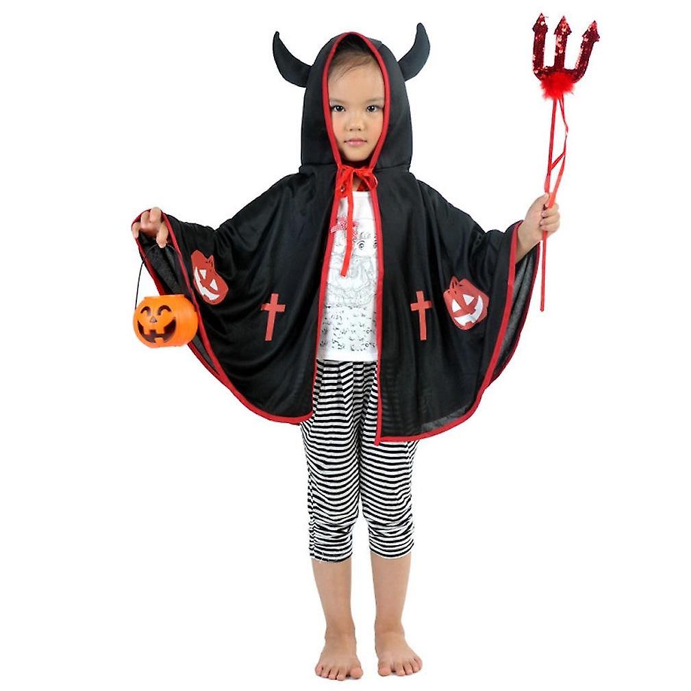 2 Pcs Cospaly Devil Hooded Cloak Set Halloween Pumkin Cape Kids Show Costume