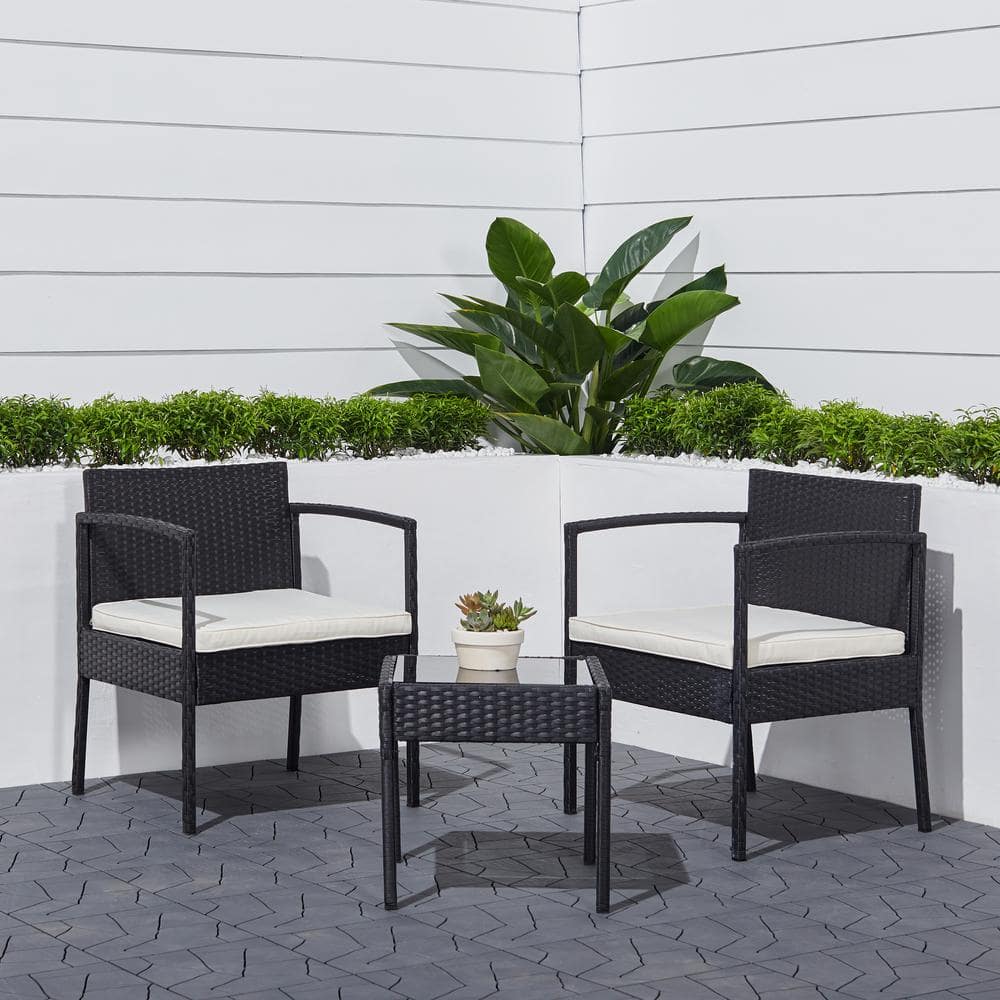 Vifah Tierra 3-Piece Wicker Patio Conversation Set with White Cushions V1913