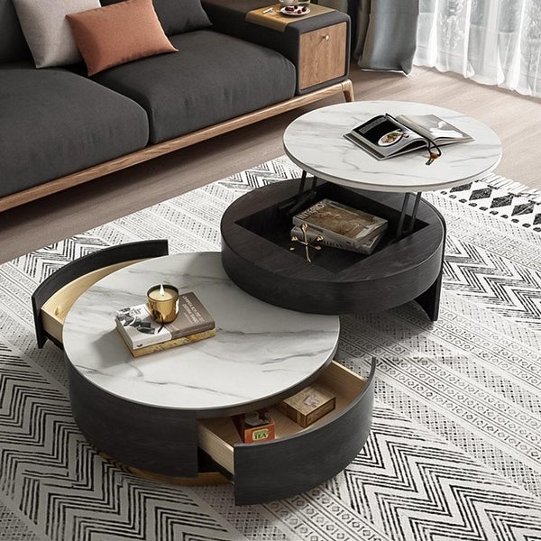 Modern Nesting Lift-Top Round Coffee Tables Set， Marble Finished