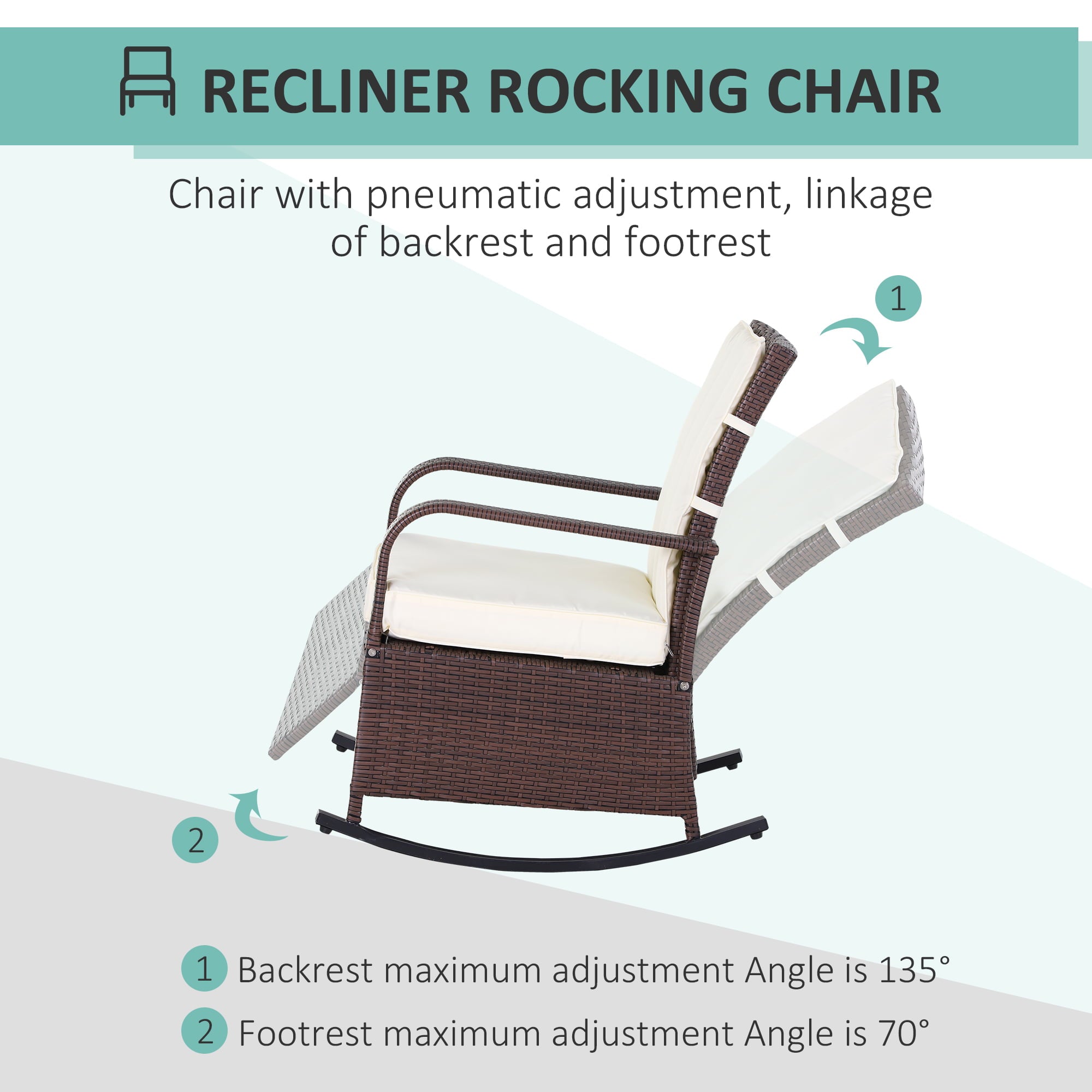 Outsunny Outdoor Wicker Rocking Chair with Soft Cushion, Patio Recliner with Armrests, and Max. 135 Degree Backrest, Beige