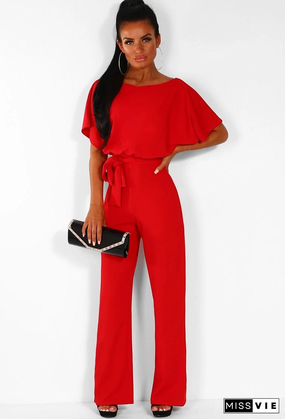 Button Lace-up Short-sleeved Jumpsuit