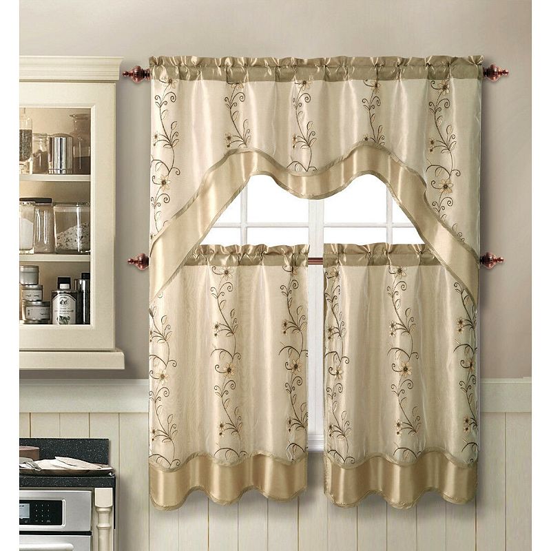 GoodGram 3 Piece Daphne Embroidered Complete Kitchen Curtain Tier And Valance Set