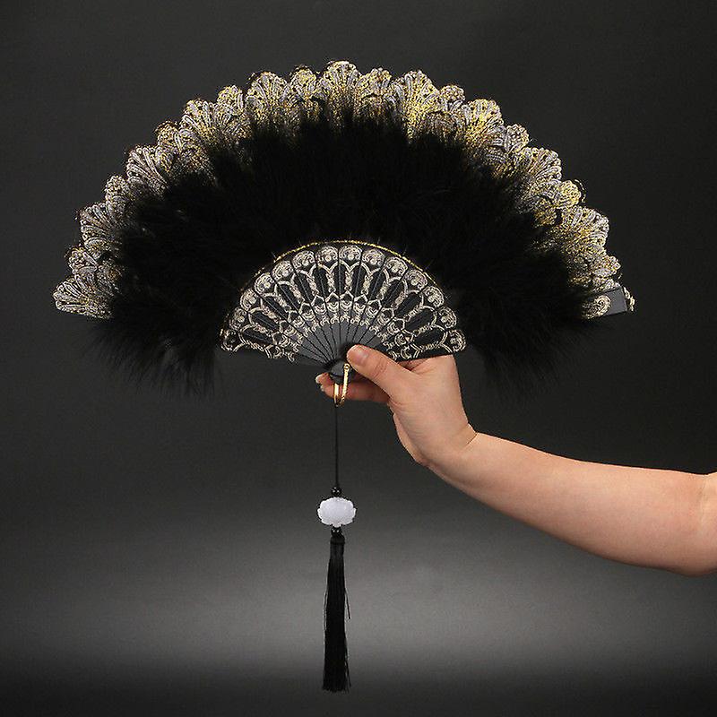 Embroidered Flower Feather Fan With Fringe Pendant， 1920s Vintage Style Flapper Hand Fan For Costume Party Dancing-black