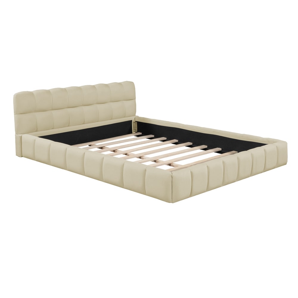 Queen Grounded Bed Thick Fabric Low Profile Upholstered Platform Bed  Beige