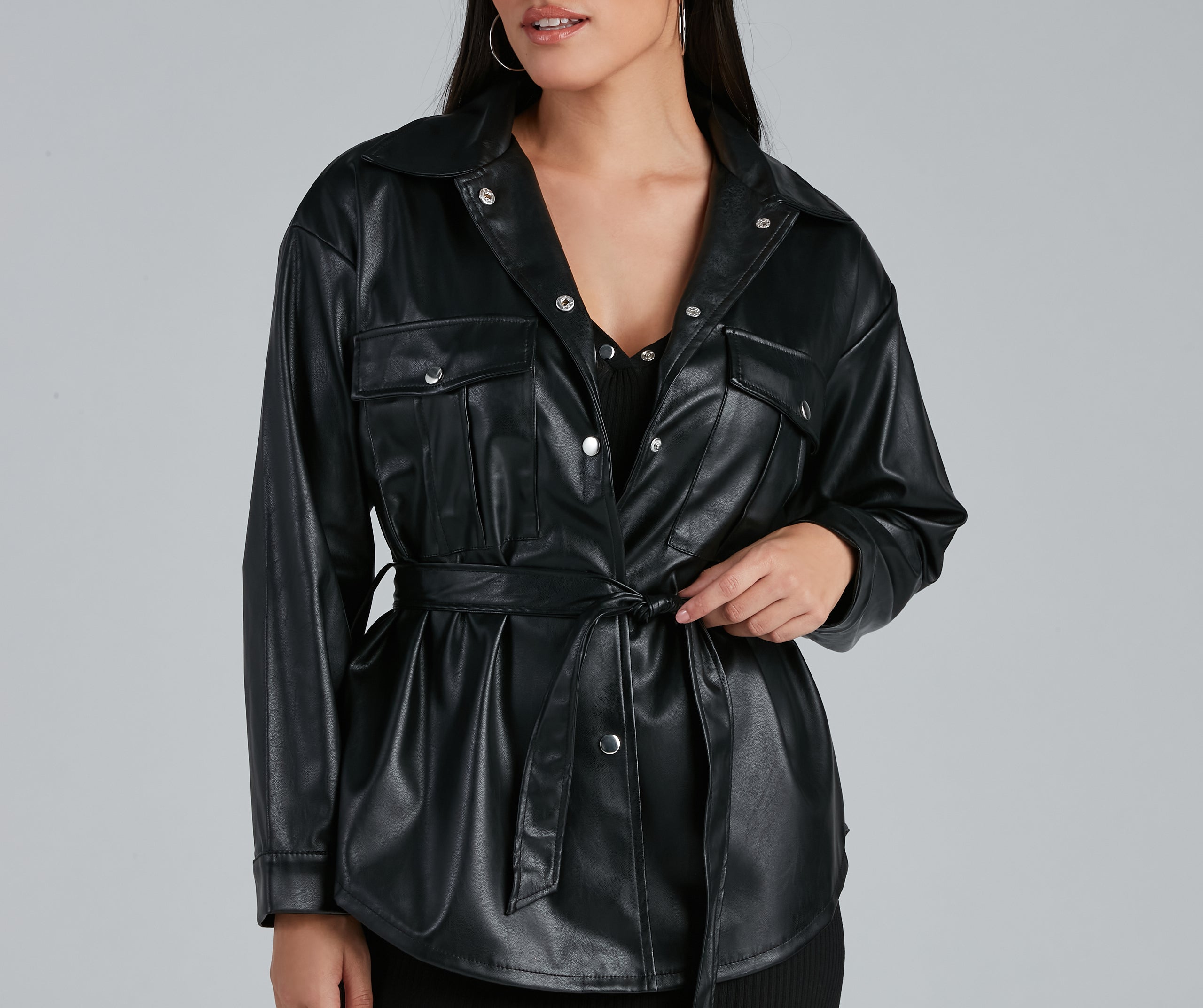 Sleek Trends Faux Leather Tie-Waist Shacket