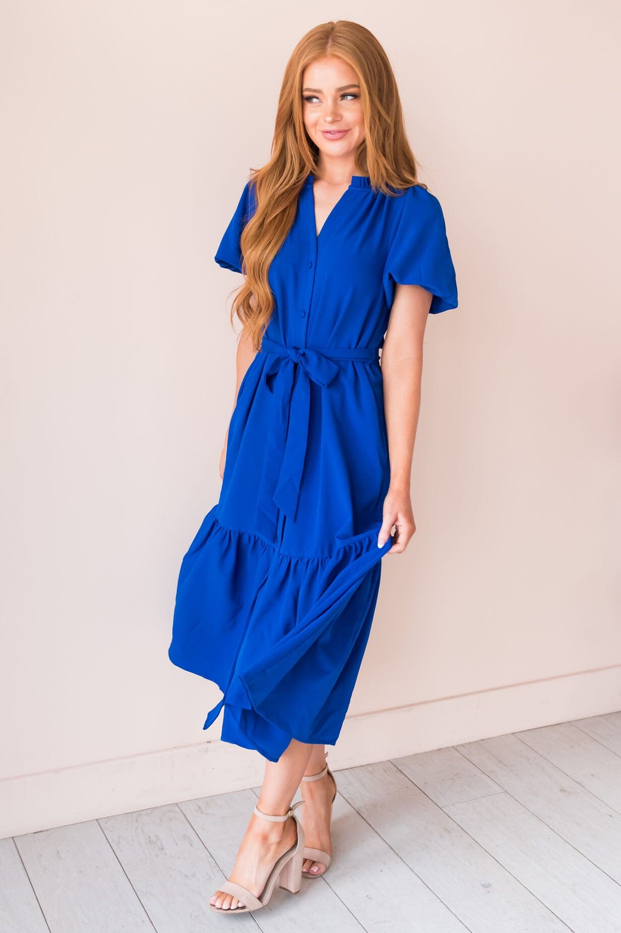 Alaska V-neck Puff Sleeve Spring Dress-Diamond Blue