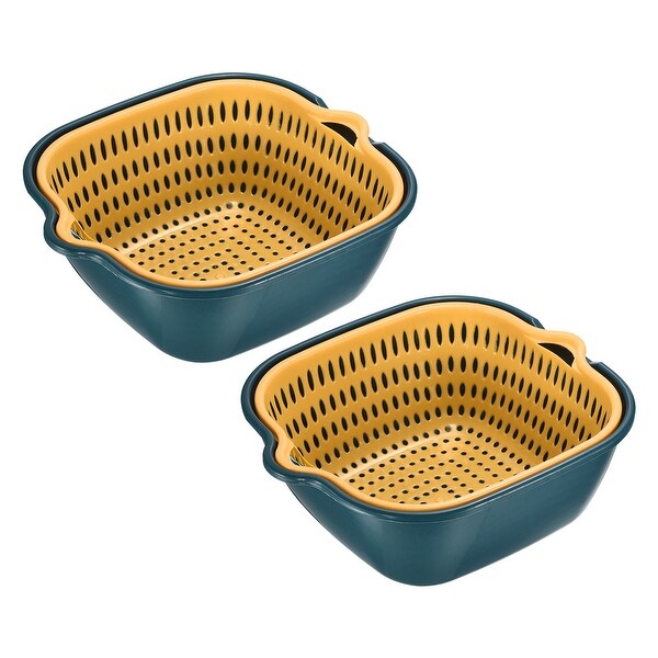 2pcs Drain Basket Double-Layer Vegetable Washing Basket Fruit Bowl - Blue Yellow - 24 x 22 x 9 cm