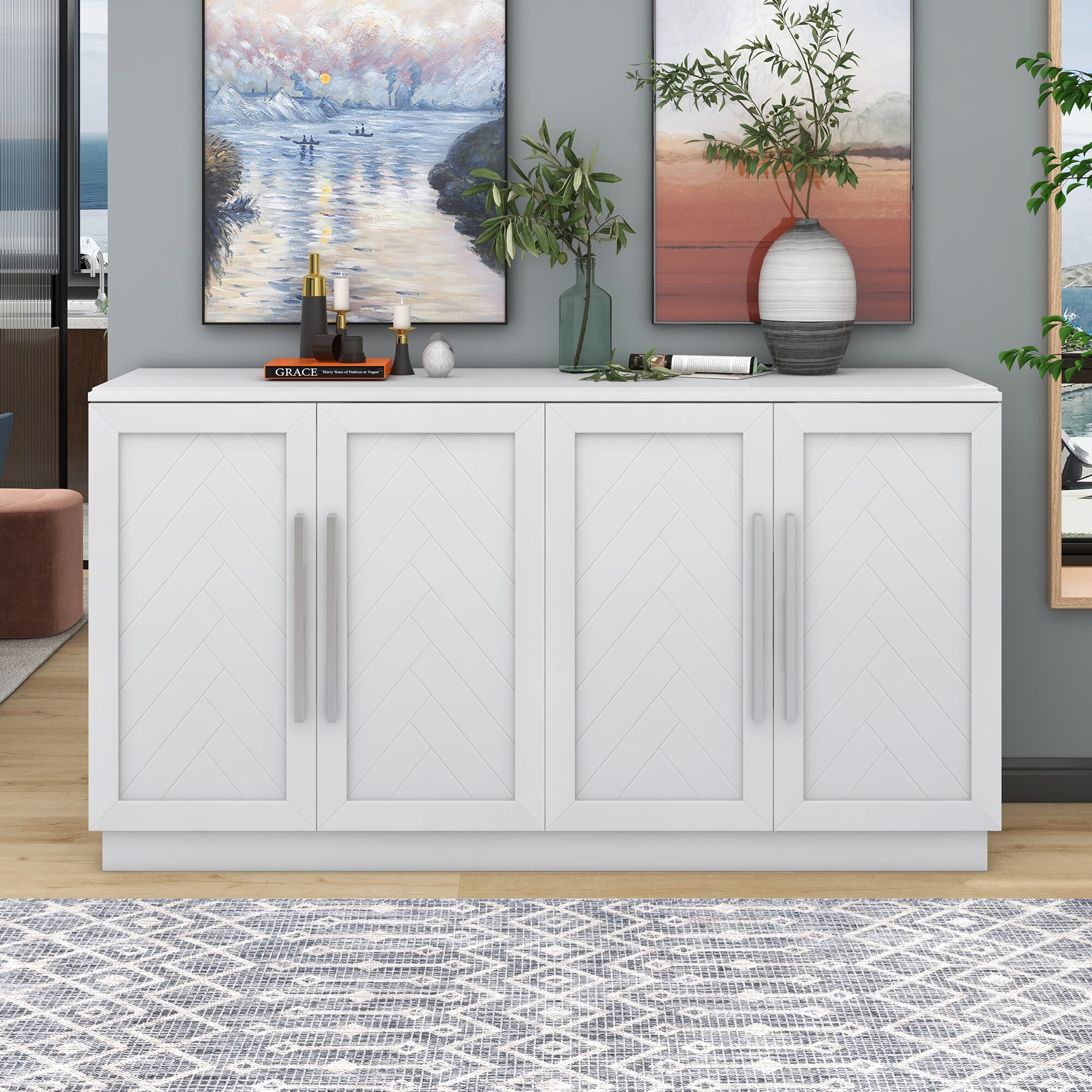 White Sideboard with Adjustable Shelves and Silver Handles