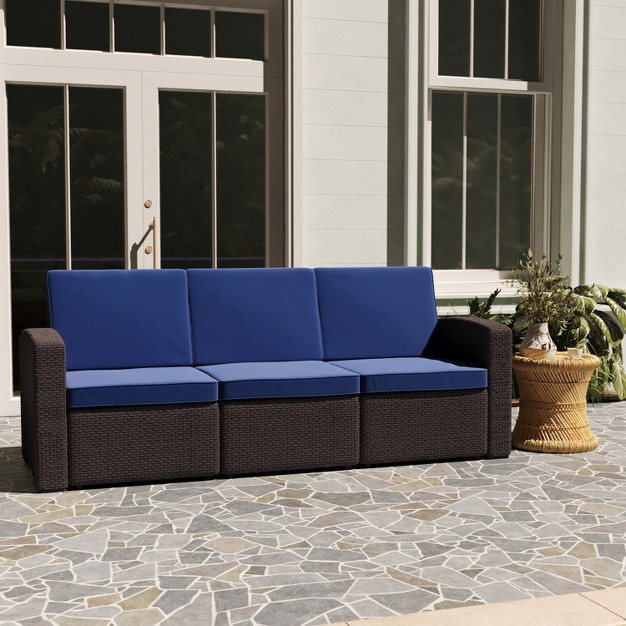 Merrick Lane Outdoor Furniture Resin Sofa Faux Rattan Wicker Pattern Patio 3 seat Sofa With All weather Cushions