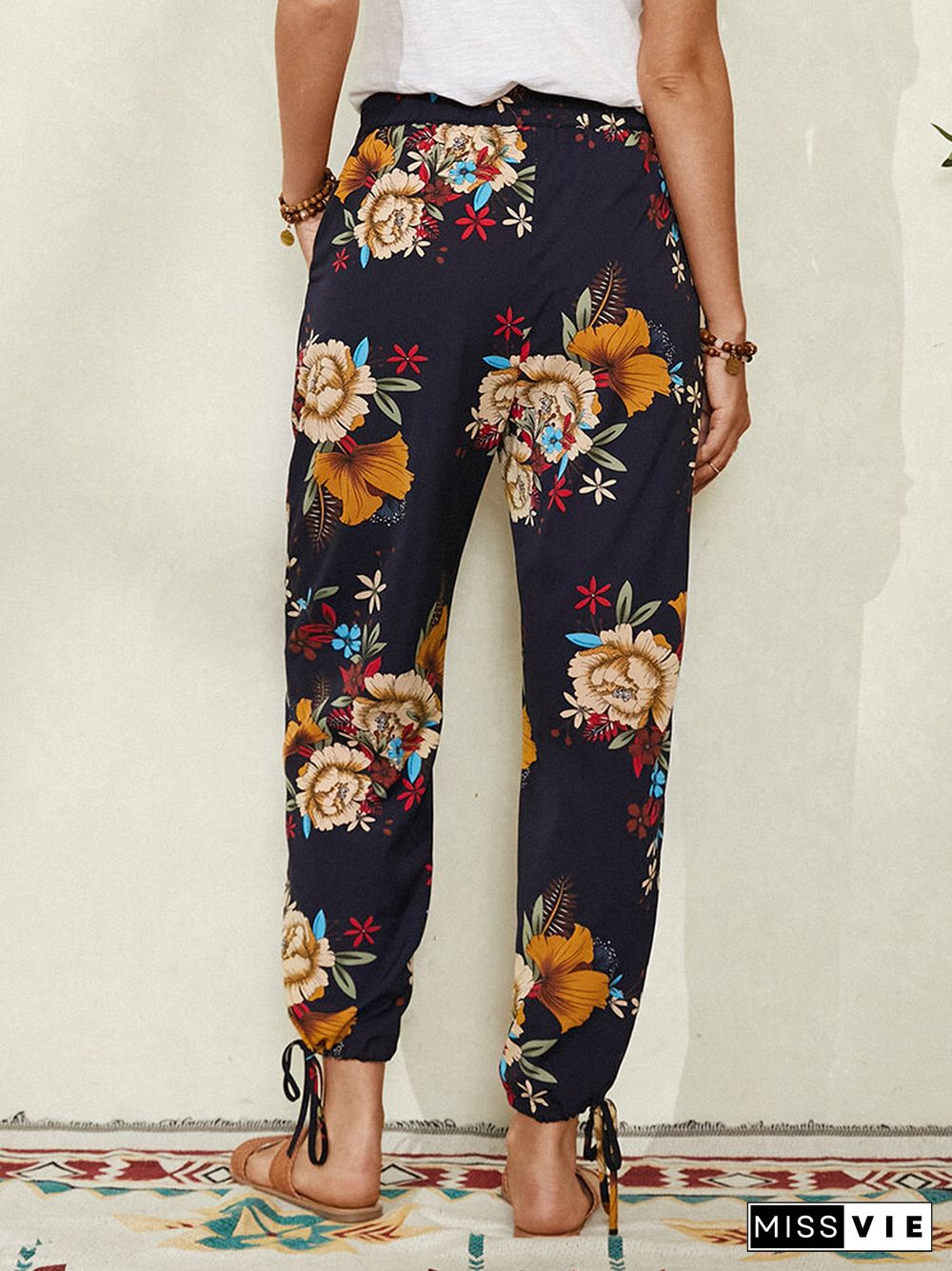 Bohemian Floral Print Knotted Pocket Long Casual Pants for Women