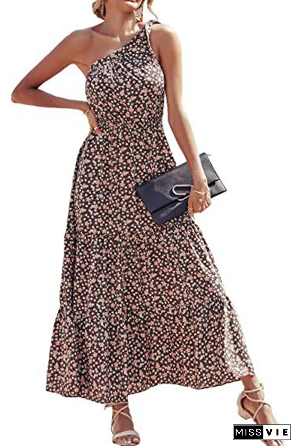 Floral Print One Shoulder High Waist Dress Wholesale