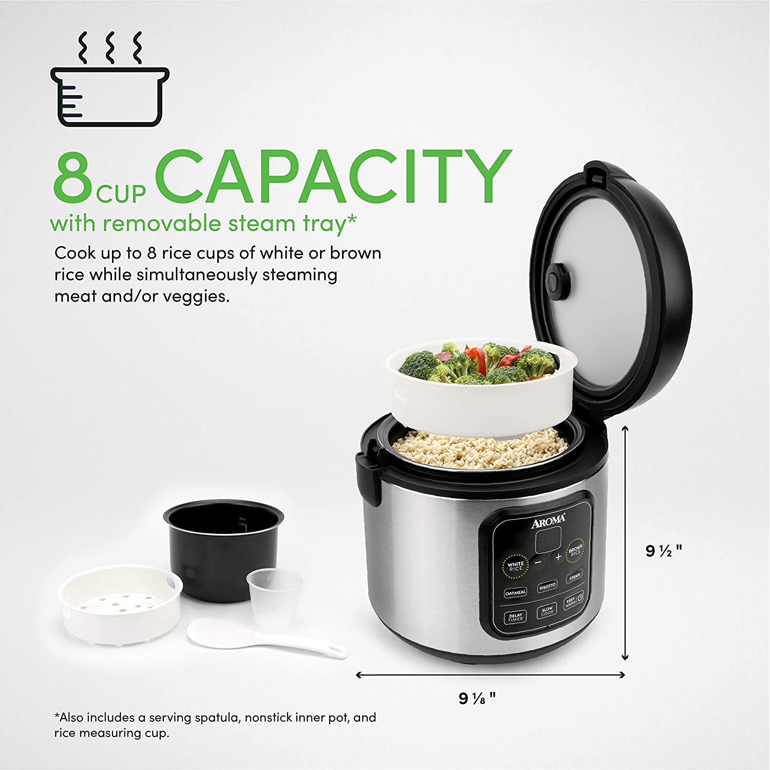 Aroma Housewares ARC-994SB Rice and Grain Cooker Slow Cook， Steam， Oatmeal， Risotto， 8-cup cooked/4-cup uncooked/2Qt， Stainless Steel