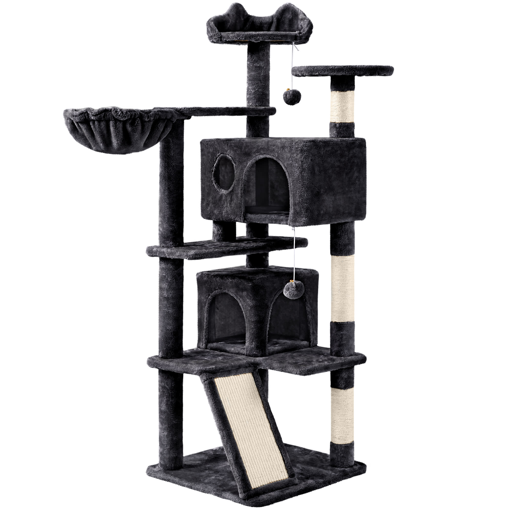 Topeakmart Black Plush Cat Tree with 2 Condos for Kittens， 55